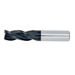 1/2" Diameter 3 Flute 1-1/4" Cut 3" Length 1/2" Round Shank 45DEG Helix Single End .030 Corner Radius DLC